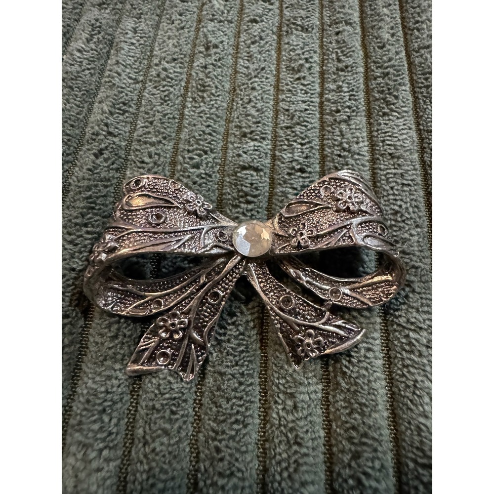 Vintage Bow Brooch Silver Tone Rhinestone Flower Filigree Costume‎ Jewelry